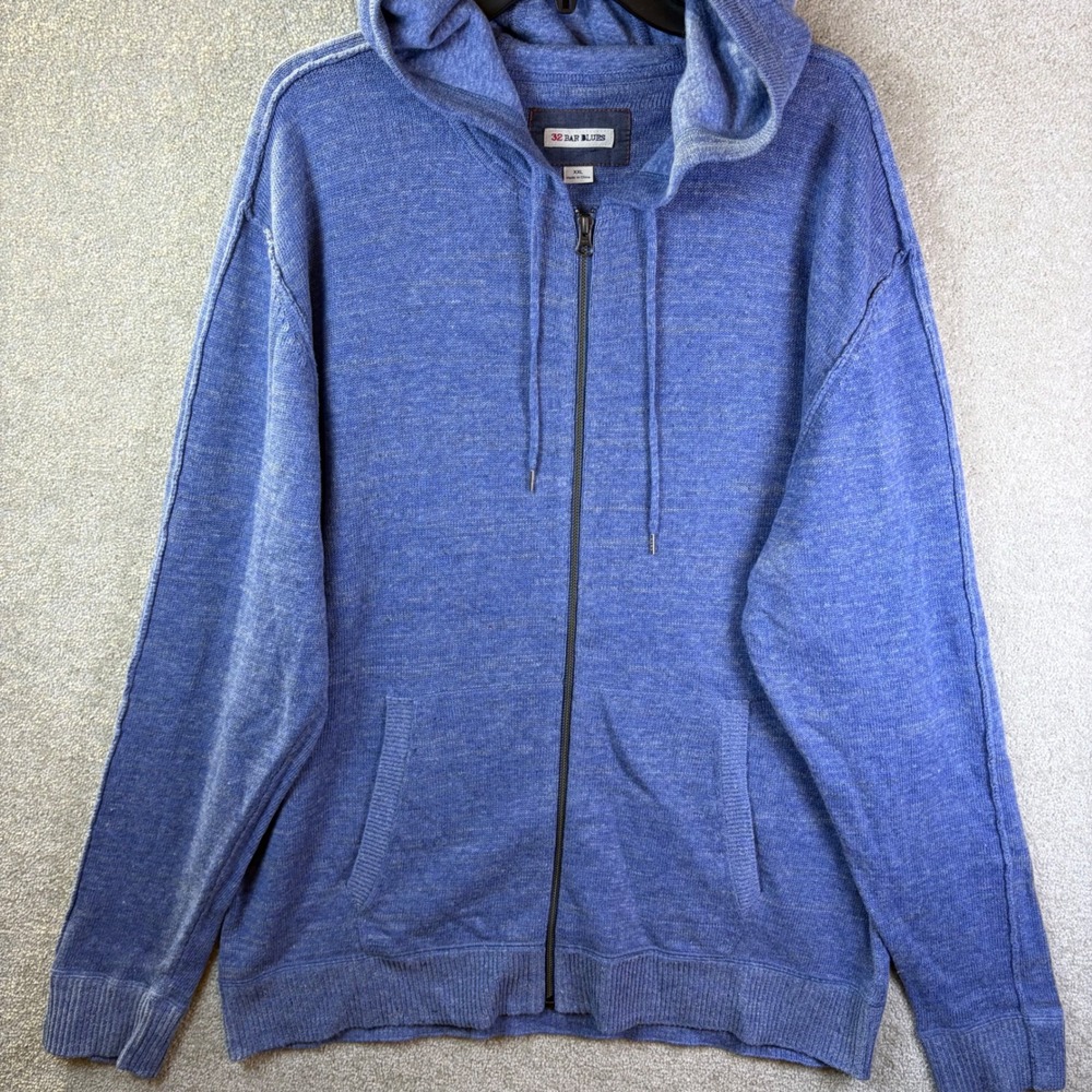 32 Bar Blues Full‎ Zip Hoodie Mens XXL Blue Linen Blend Knit Sweater Sweatshirt